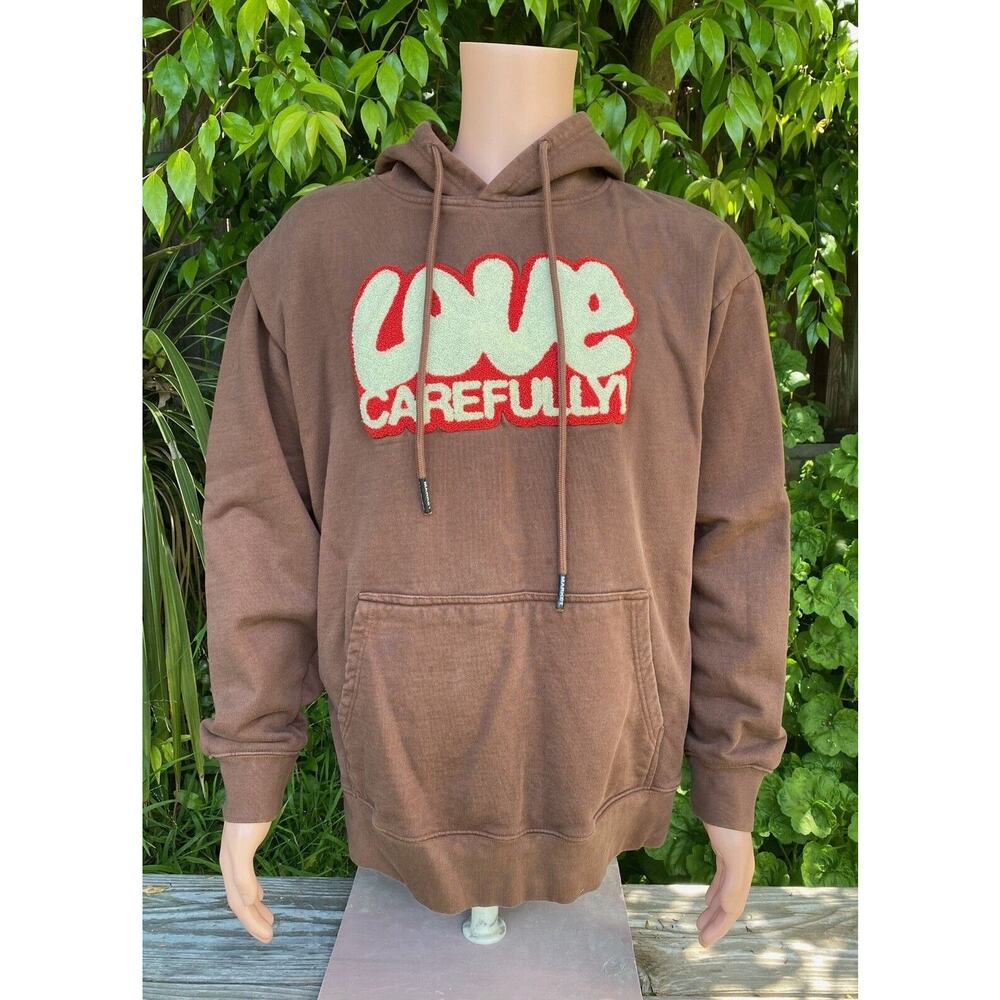 Market Love Carefully Brown Textured Hooded Sweatshirt Unisex XL Cotton Designer